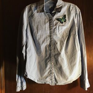 Blue Checkered Vintage JCPenney s Butterfly Embellished Shirt